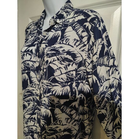 H&M LOGG Navy Blue White Tropical Leaf Print Button Up Shirt Dress Roll-Tab 6 - Picture 2 of 7